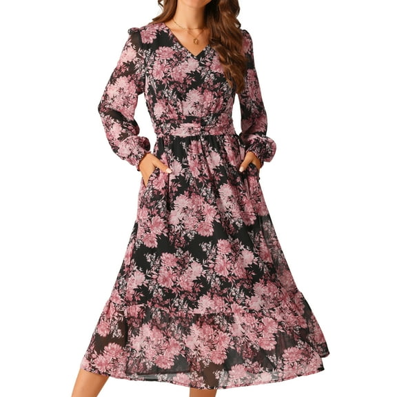 DARING DIVA Long Sleeve Floral V Neck Boho Chiffon Midi Dress M Black