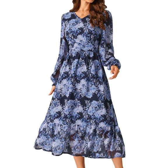 DARING DIVA Long Sleeve Floral V Neck Boho Chiffon Midi Dress M Dark Blue
