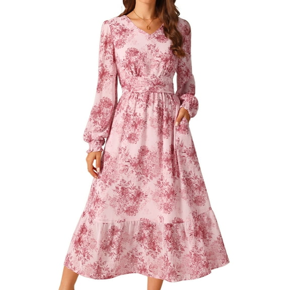 DARING DIVA Long Sleeve Floral V Neck Boho Chiffon Midi Dress M Pink