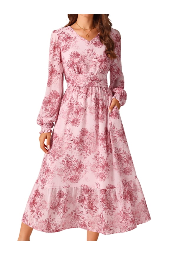 Long Sleeve Floral V Neck Boho Chiffon Midi Dress M Pink