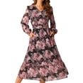 thumbnail image 1 of DARING DIVA Long Sleeve Floral V Neck Boho Chiffon Midi Dress S Black, 1 of 8