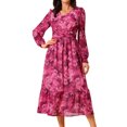 thumbnail image 1 of DARING DIVA Long Sleeve Floral V Neck Boho Chiffon Midi Dress S Rose Red, 1 of 7