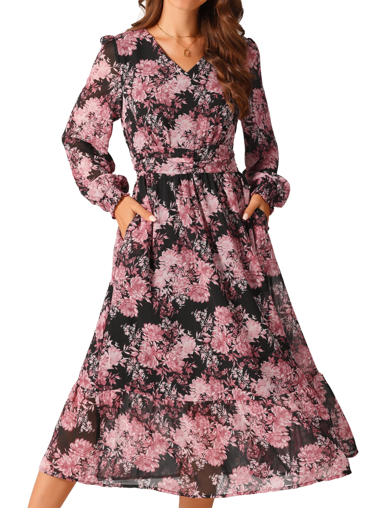 DARING DIVA Long Sleeve Floral V Neck Boho Chiffon Midi Dress XL Black