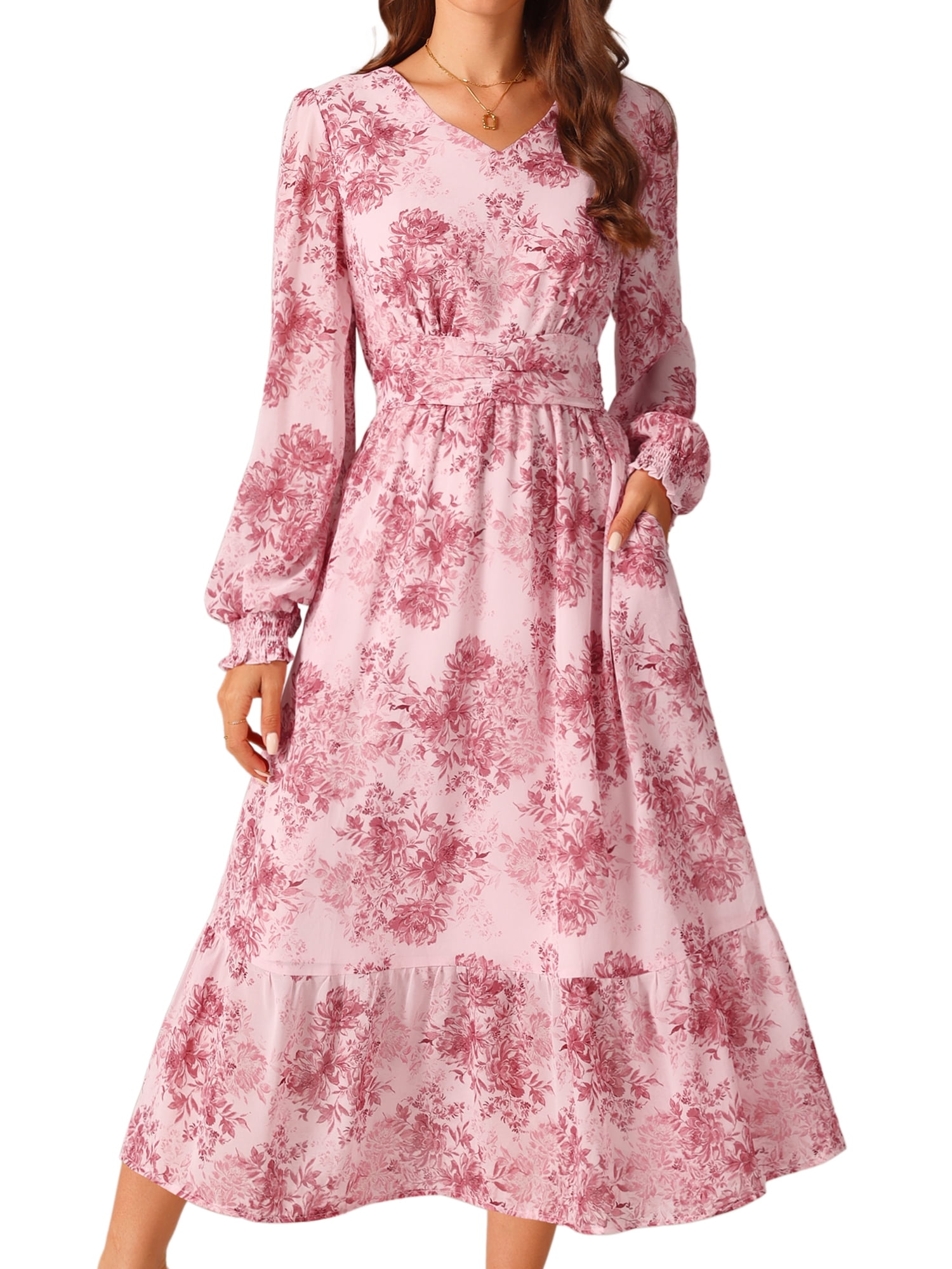 DARING DIVA Long Sleeve Floral V Neck Boho Chiffon Midi Dress XL Pink -  Walmart.com