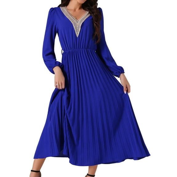DARING DIVA Long Sleeve Flowy Pleated Midi Dress L Royal Blue