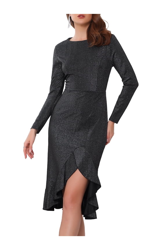 Long Sleeve Glitter Sparkle High Low Split Ruffles Dress S Black