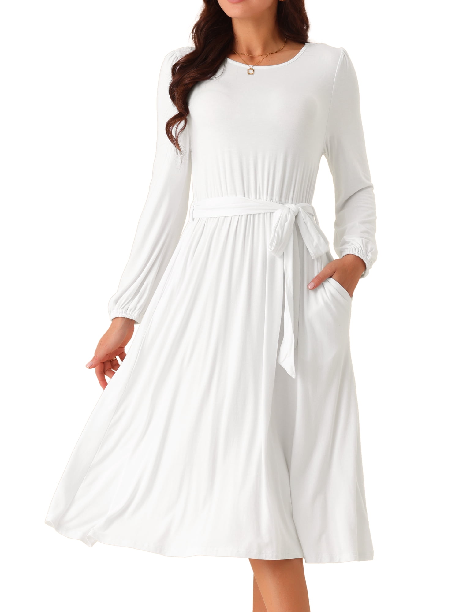 DARING DIVA Long Sleeve High Waist Flowy Midi Dress L White