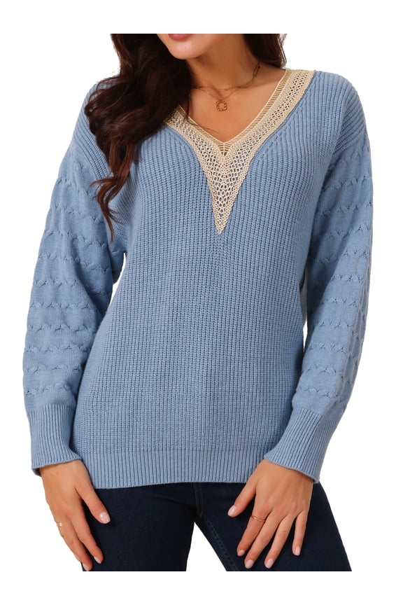 Long Sleeve Lace V Neck Pullover Sweater Jumper Top L Blue