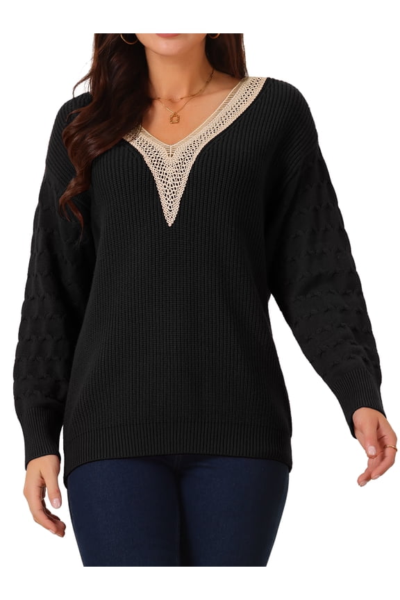 Long Sleeve Lace V Neck Pullover Sweater Jumper Top M Black