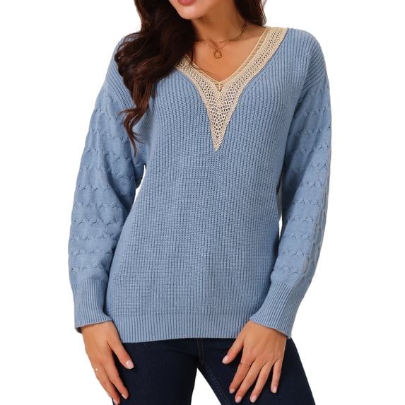 DARING DIVA Long Sleeve Lace V Neck Pullover Sweater Jumper Top M Blue