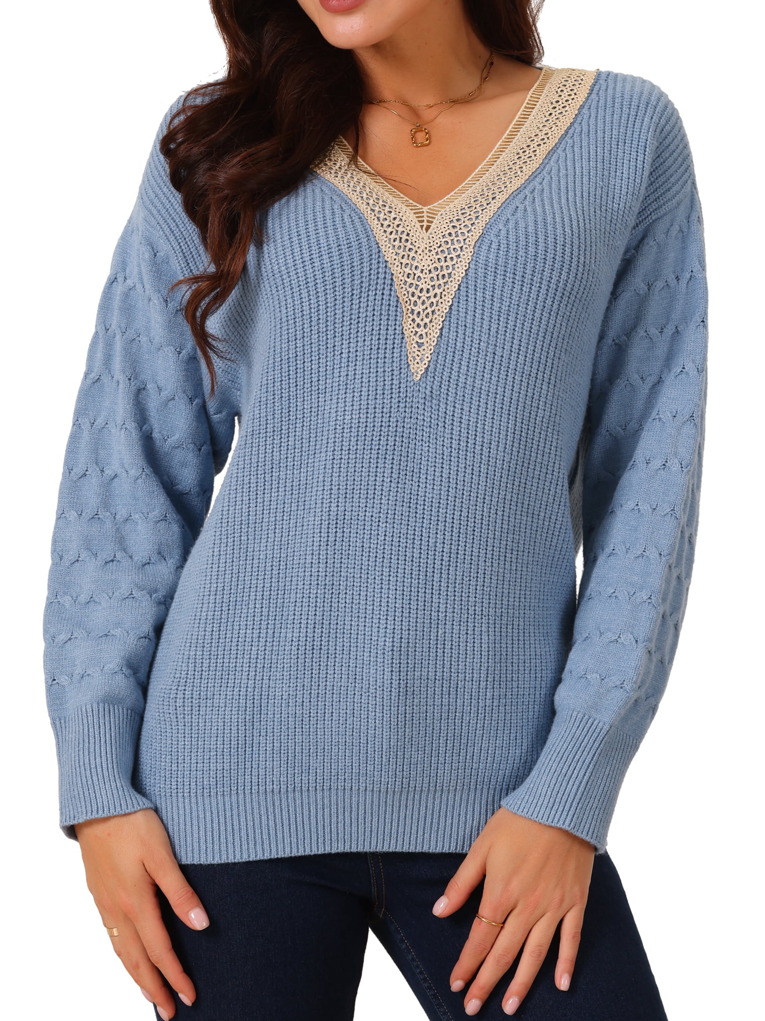 DARING DIVA Long Sleeve Lace V Neck Pullover Sweater Jumper Top S Blue