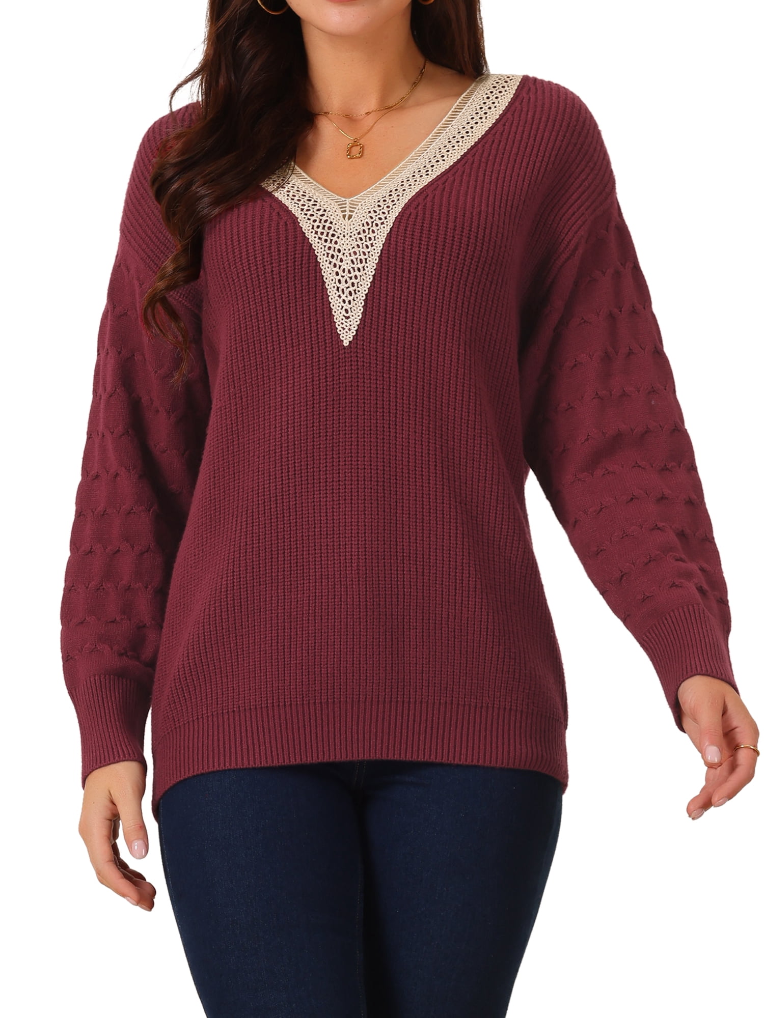DARING DIVA Long Sleeve Lace V Neck Pullover Sweater Jumper Top S Wine Red