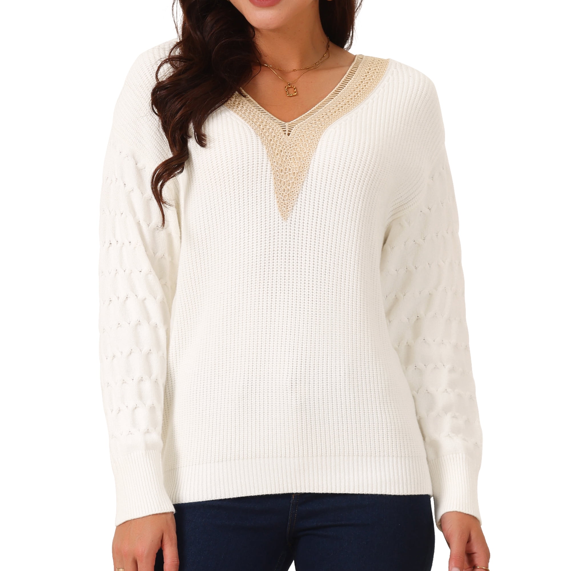 DARING DIVA Long Sleeve Lace V Neck Pullover Sweater Jumper Top XL White