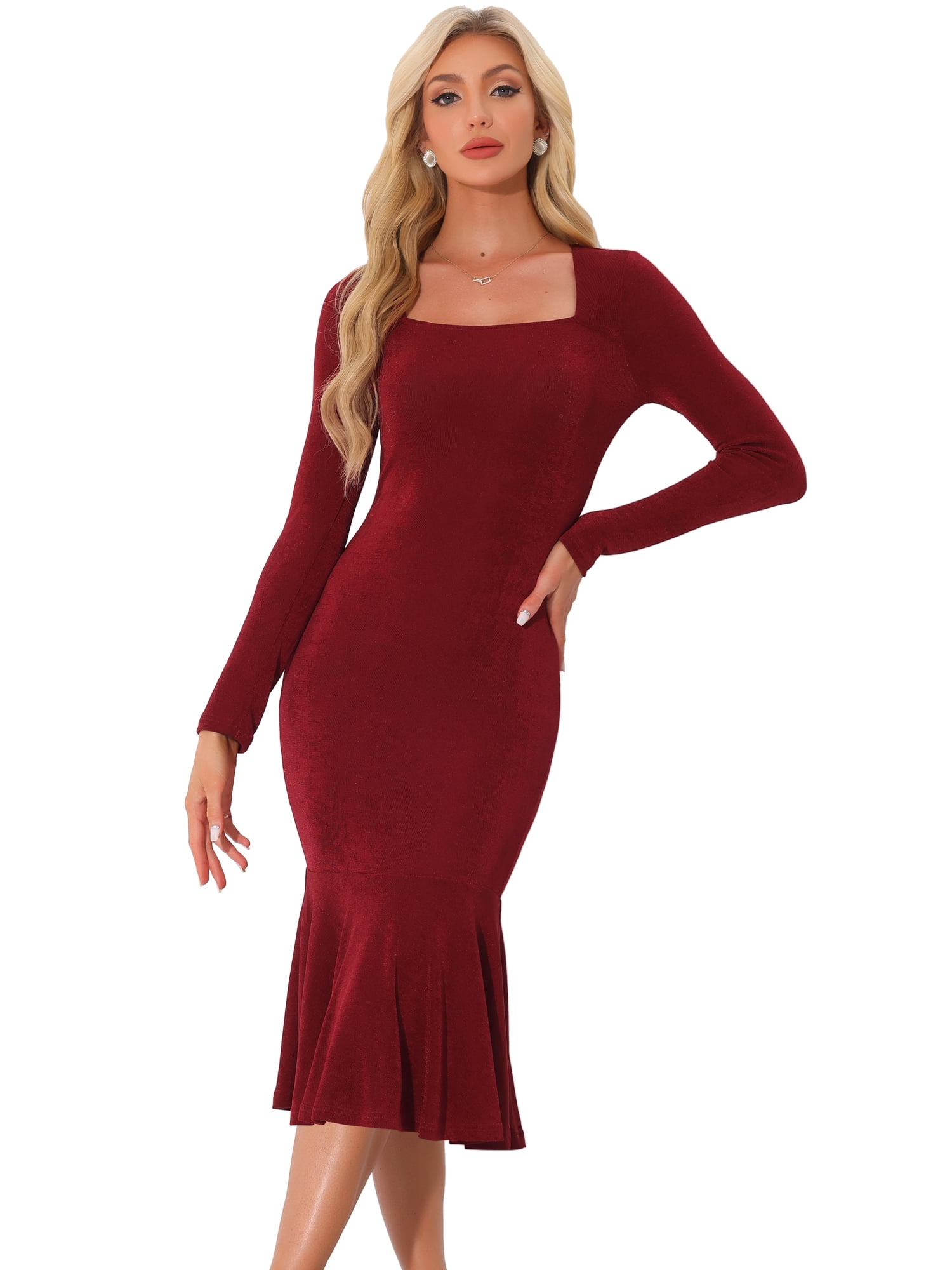 DARING DIVA Long Sleeve Midi Square Neck Bodycon Dress M Wine Red
