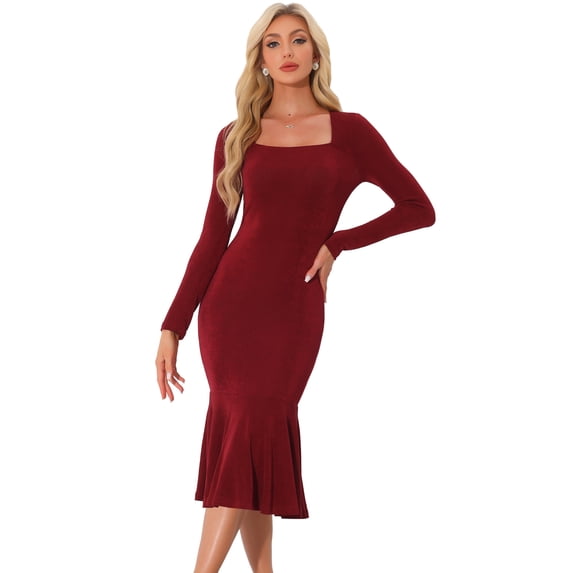 DARING DIVA Long Sleeve Midi Square Neck Bodycon Dress S Wine Red