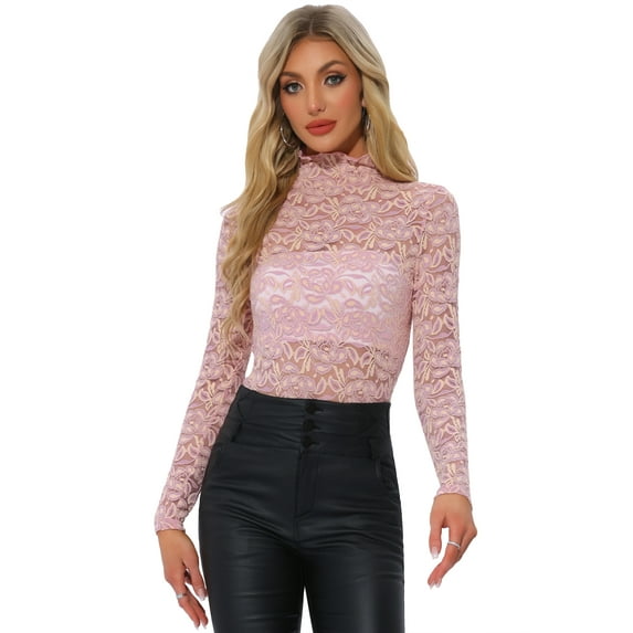 DARING DIVA Long Sleeve Mock Neck Floral Lace Blouse S Dusty Pink