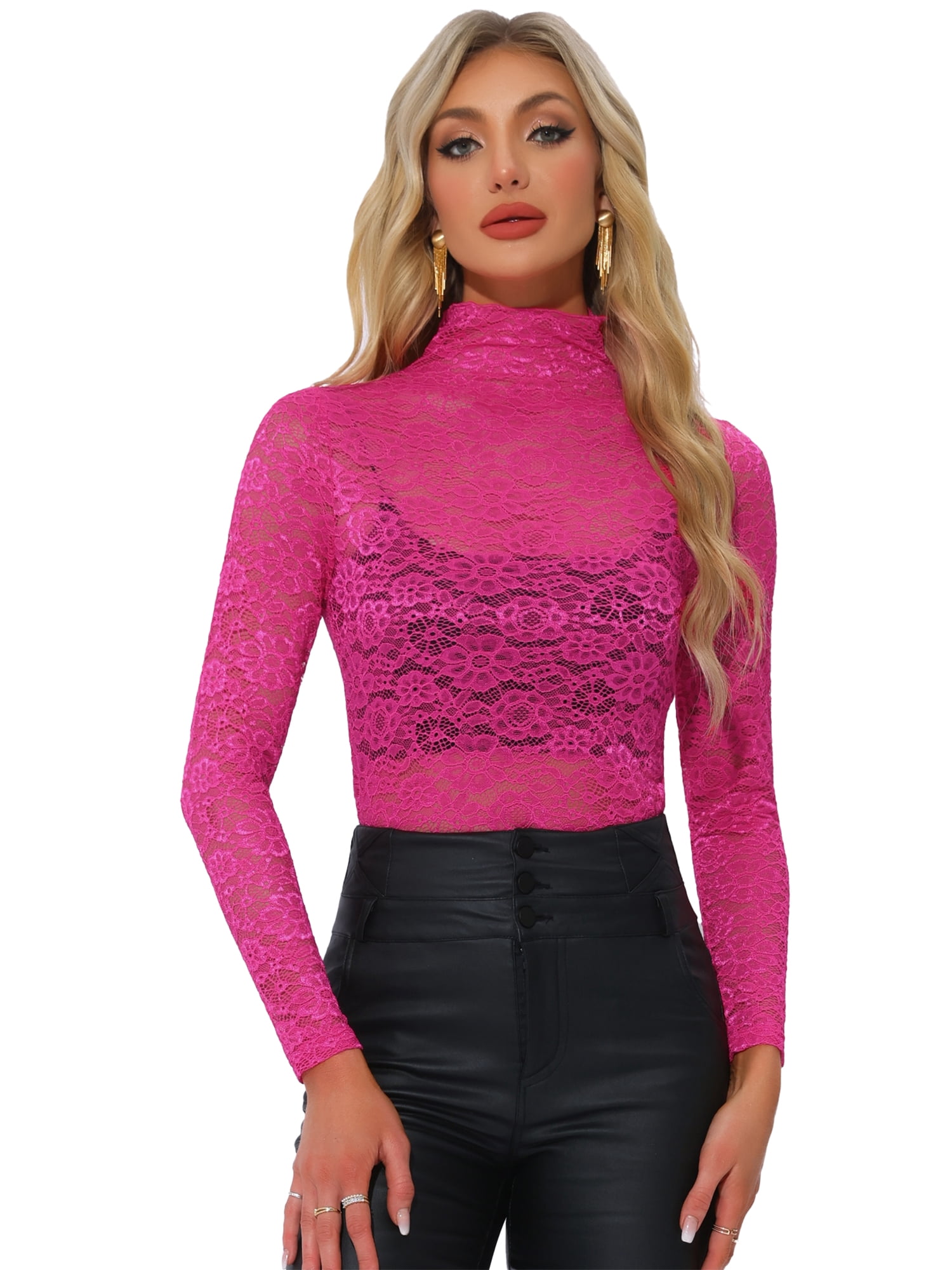 DARING DIVA Long Sleeve Mock Neck Floral Lace Blouse XS Fuchsia