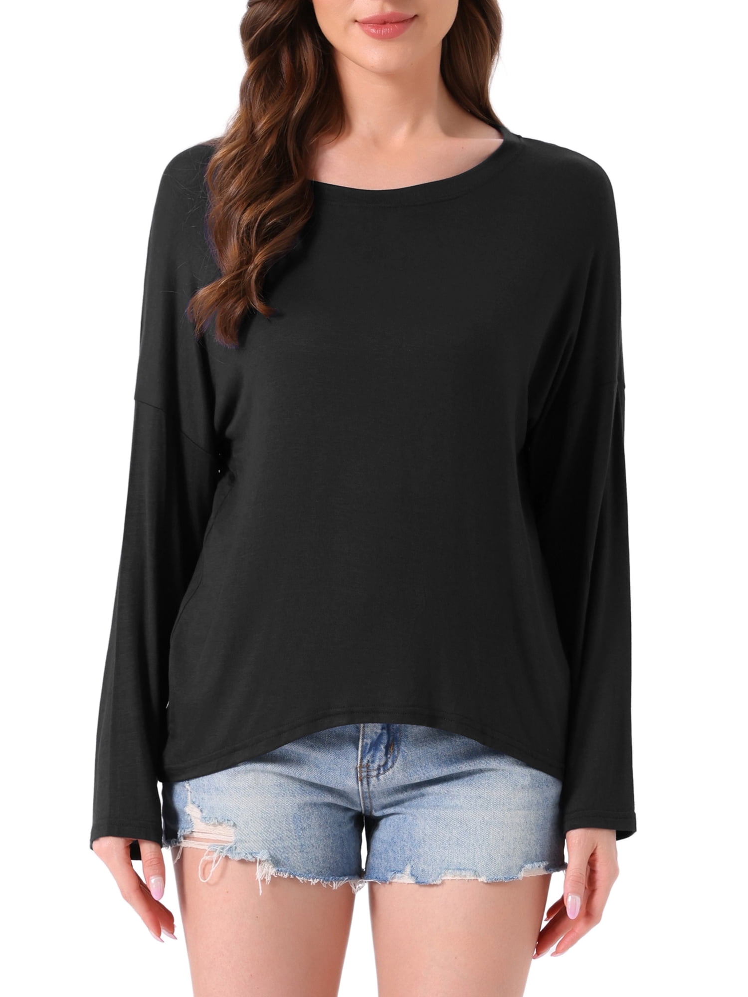 DARING DIVA Long Sleeve Oversized Round Neck Sleepwear Shirts S Black