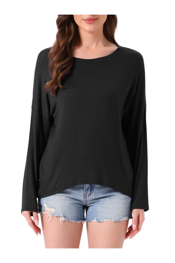 Long Sleeve Oversized Round Neck Sleepwear Shirts S Black