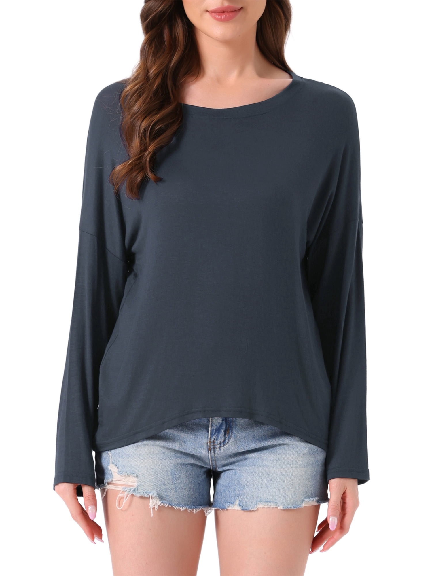 DARING DIVA Long Sleeve Oversized Round Neck Sleepwear Shirts S Blue