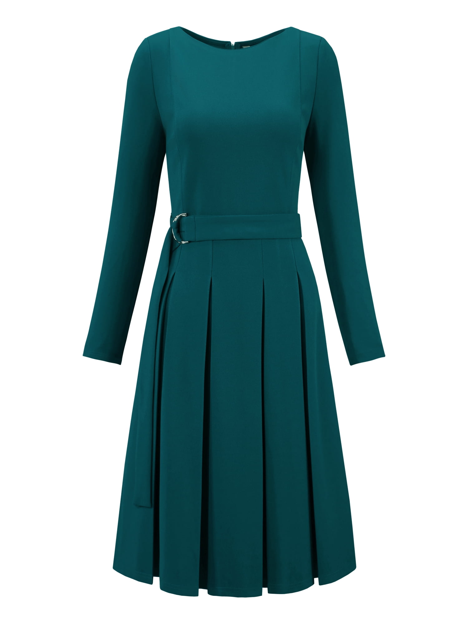 DARING DIVA Long Sleeve Pleated Crew Neck Belted A-Line Dress S Blue Green
