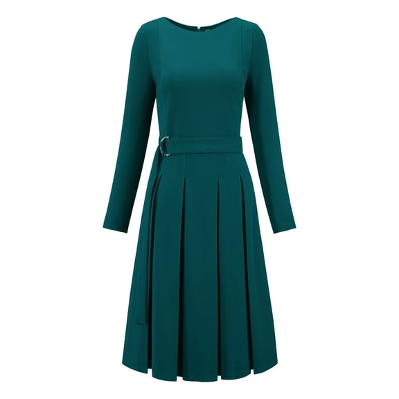DARING DIVA Long Sleeve Pleated Crew Neck Belted A-Line Dress XL Blue Green