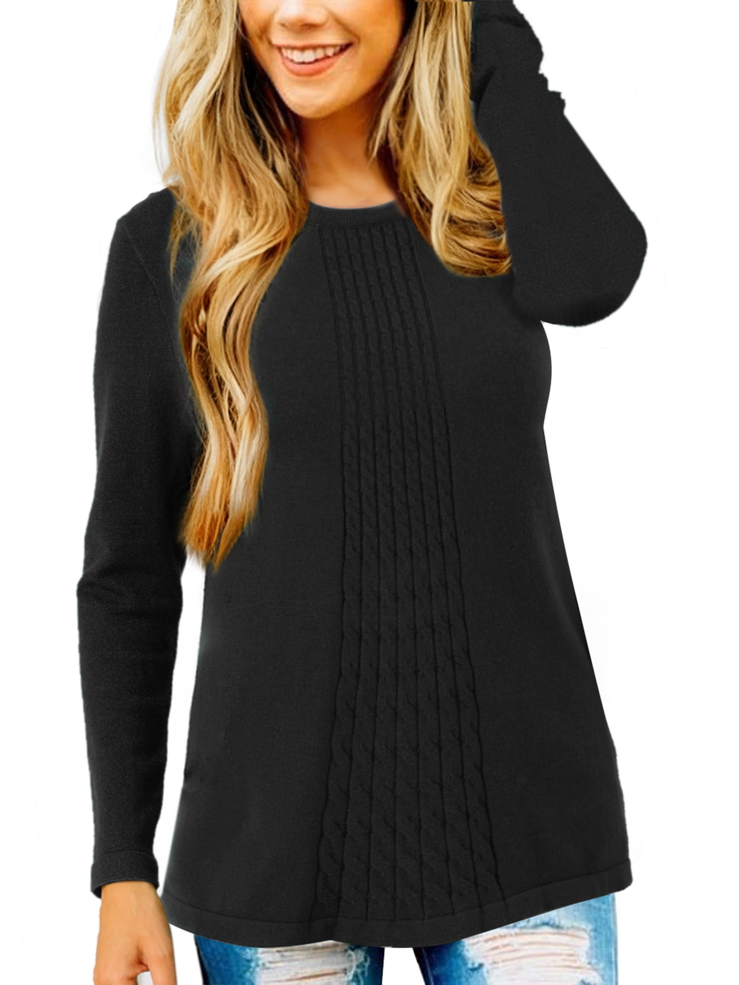 DARING DIVA Women's Crewneck Ribbed Knit Pullover Long Sleeve Sweater L Black