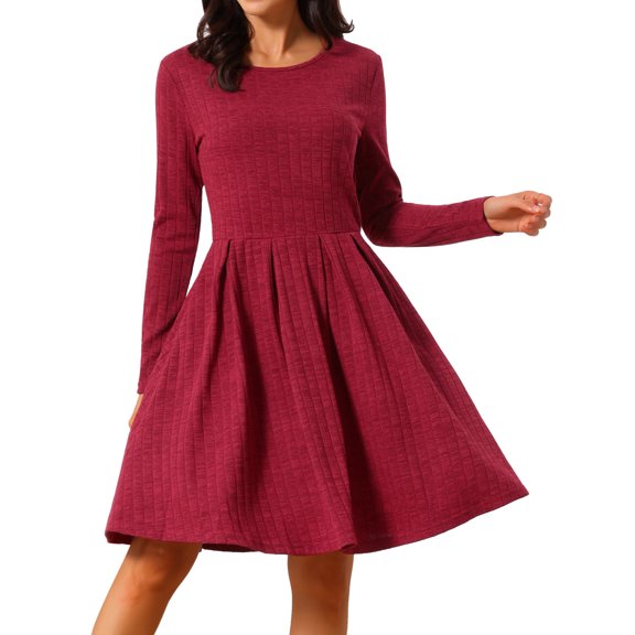 DARING DIVA Long Sleeve Round Neck A- Line Swing Knee Length Dress L Wine Red