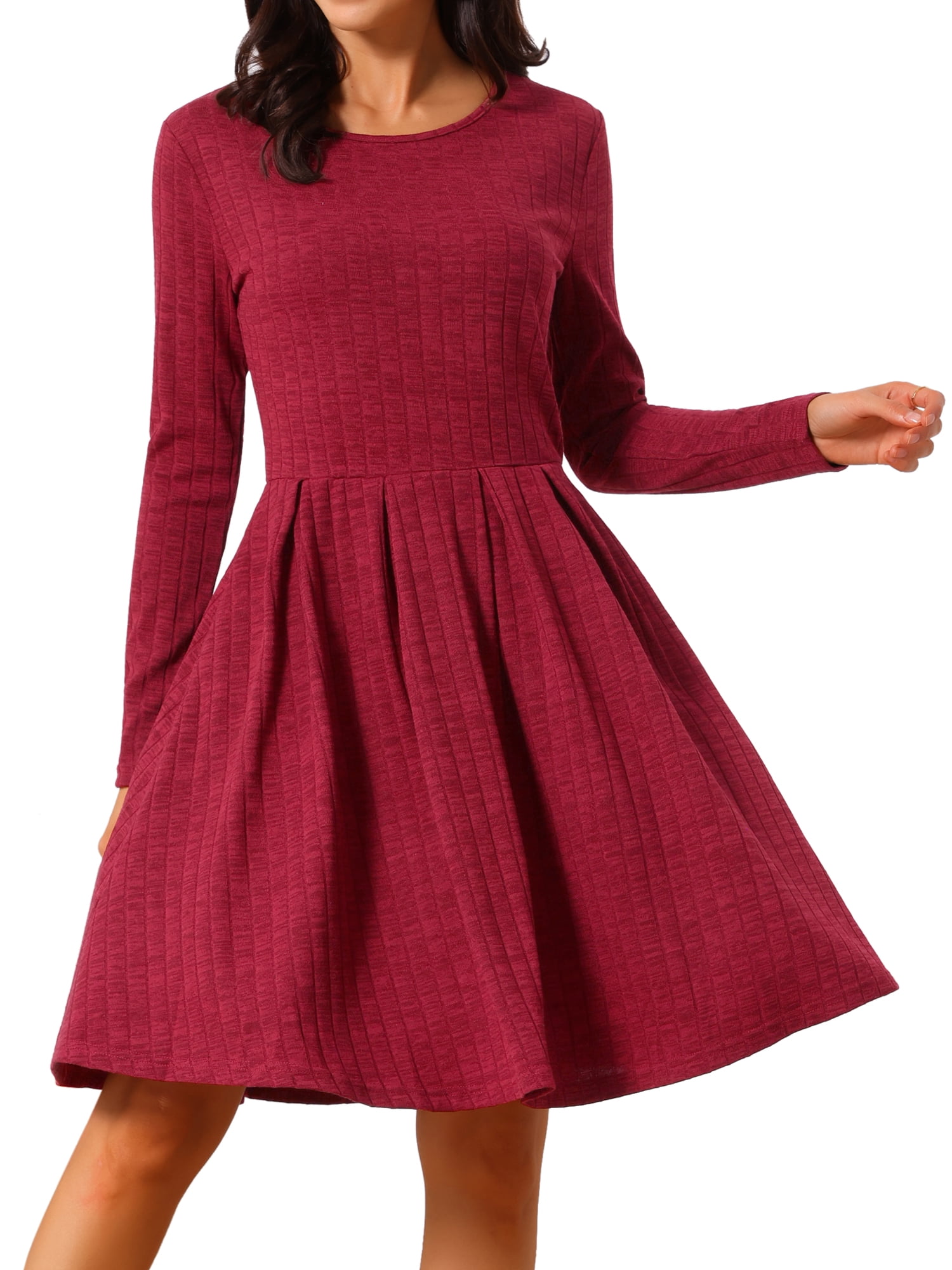 DARING DIVA Long Sleeve Round Neck A- Line Swing Knee Length Dress S Wine Red