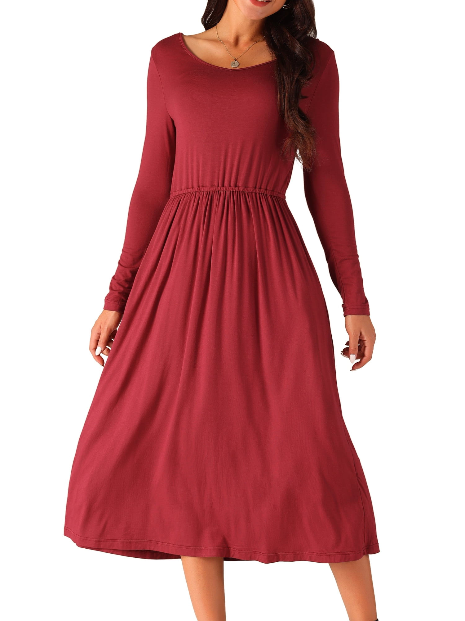 DARING DIVA Long Sleeve Round Neck Midi Dress S Wine Red
