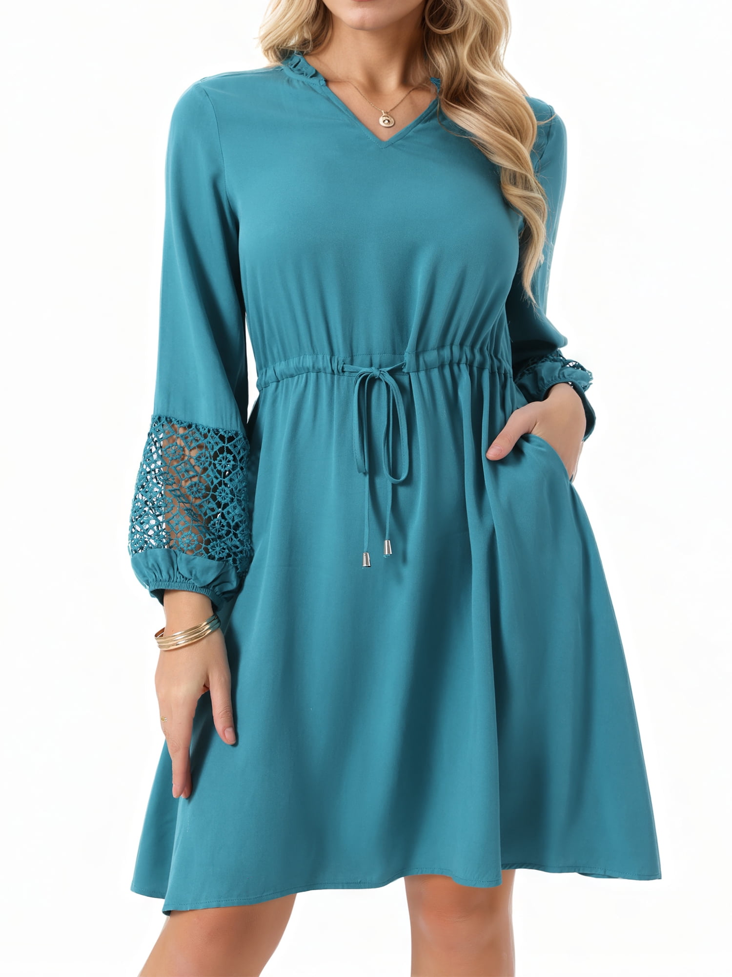 DARING DIVA Long Sleeve Ruffle V Neck Drawstring Waist Dress L Lake Green