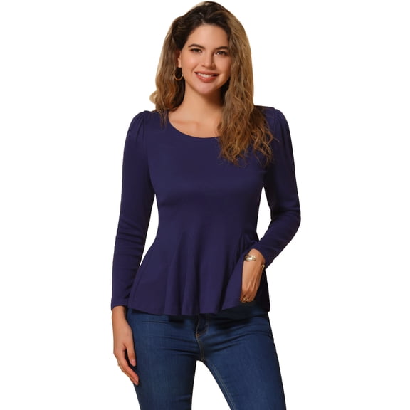 DARING DIVA Long Sleeve Scoop Neck Peplum Top L Dark Blue