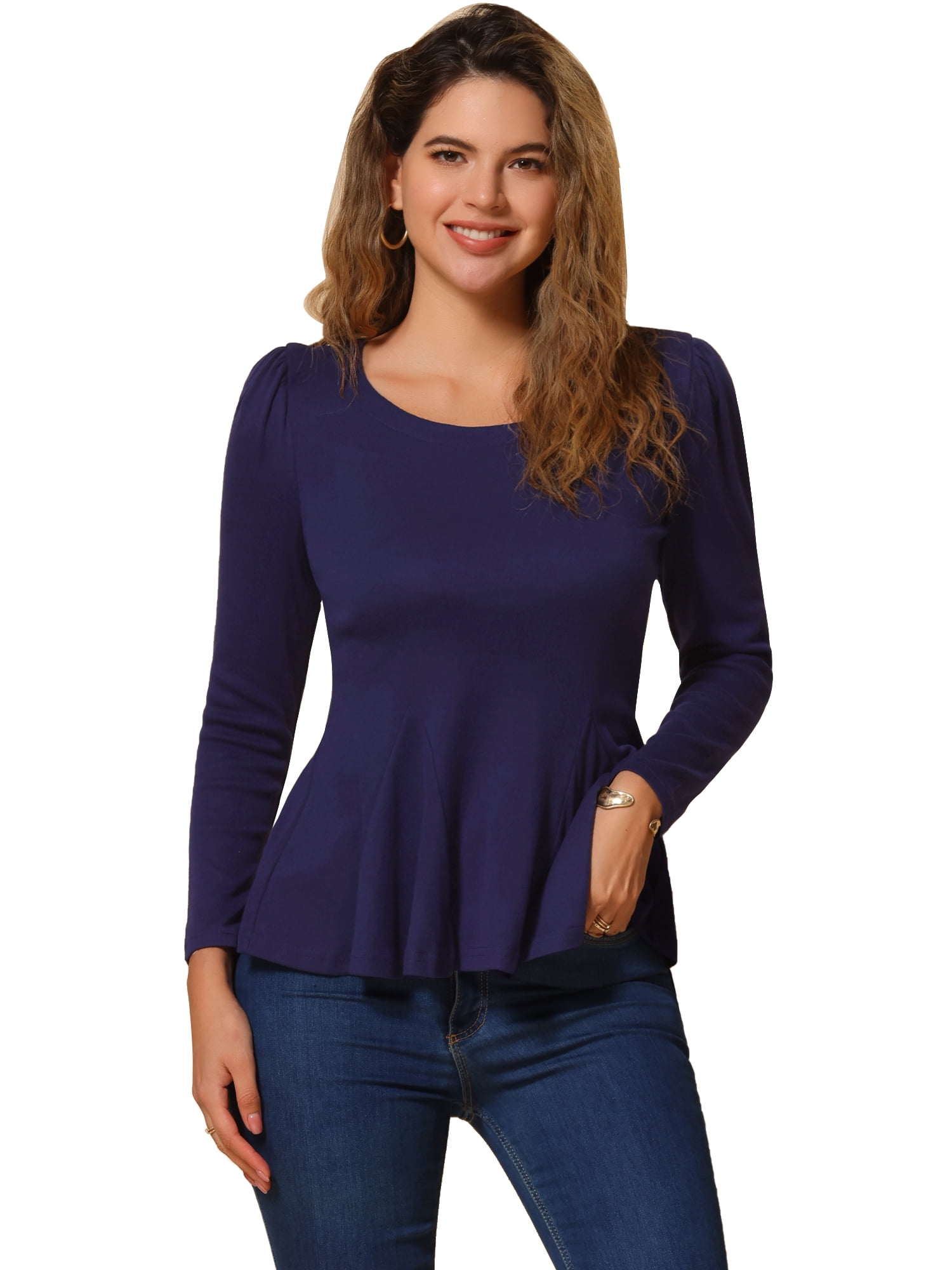DARING DIVA Long Sleeve Scoop Neck Peplum Top S Dark Blue