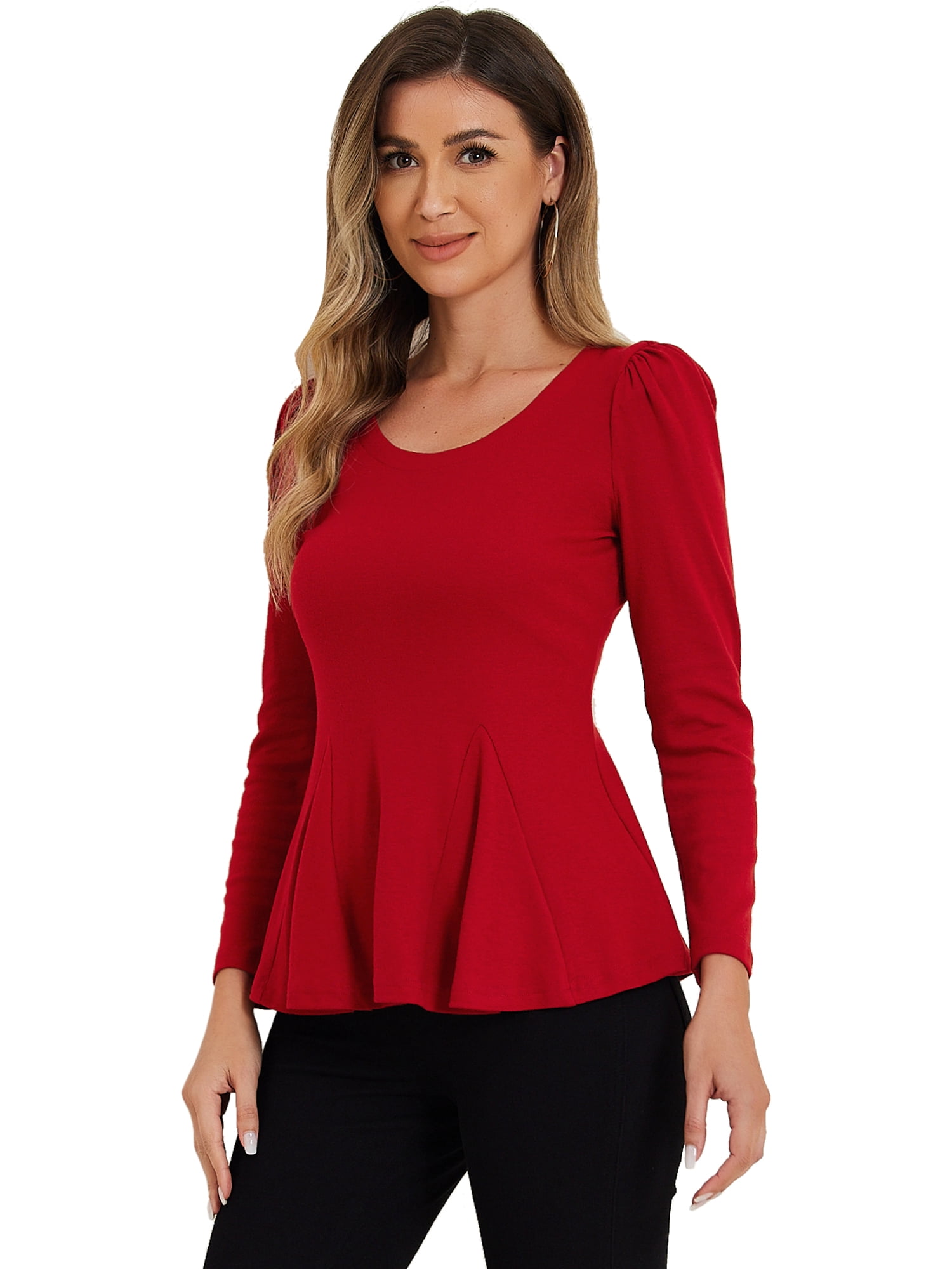 DARING DIVA Long Sleeve Scoop Neck Peplum Top S Red