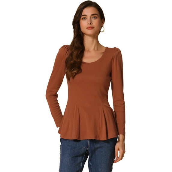 DARING DIVA Long Sleeve Scoop Neck Peplum Top XS Brown