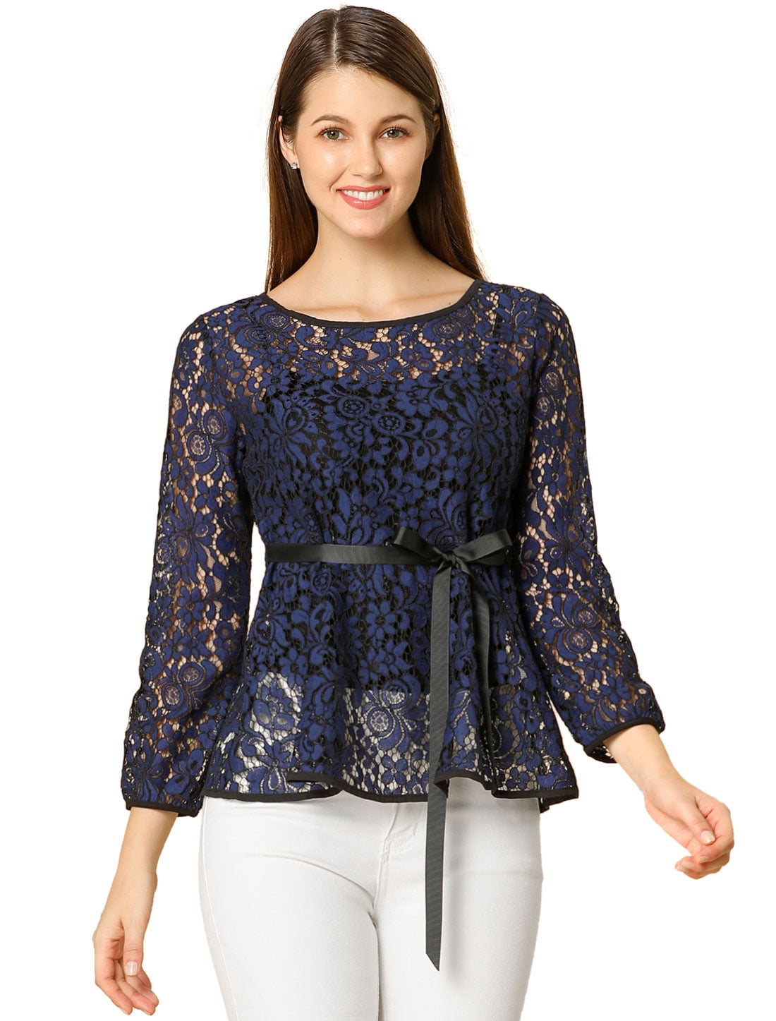 DARING DIVA Long Sleeve Semi Sheer Peplum Top 3XL Dark Blue