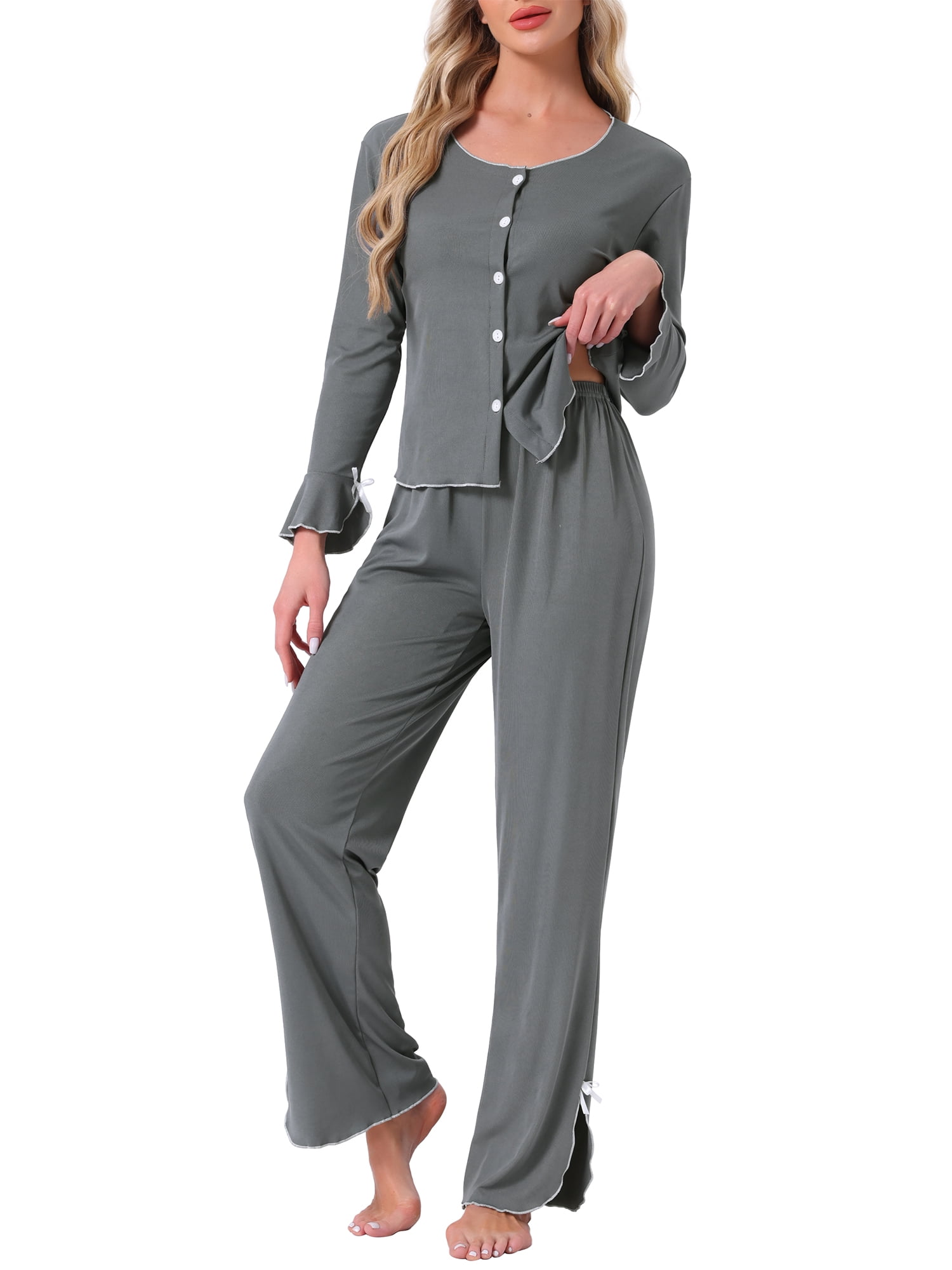 DARING DIVA Long Sleeve Side Bow Button Down Ruffle Hem Pajama Set L Gray