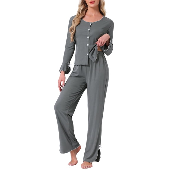 DARING DIVA Long Sleeve Side Bow Button Down Ruffle Hem Pajama Set L Gray