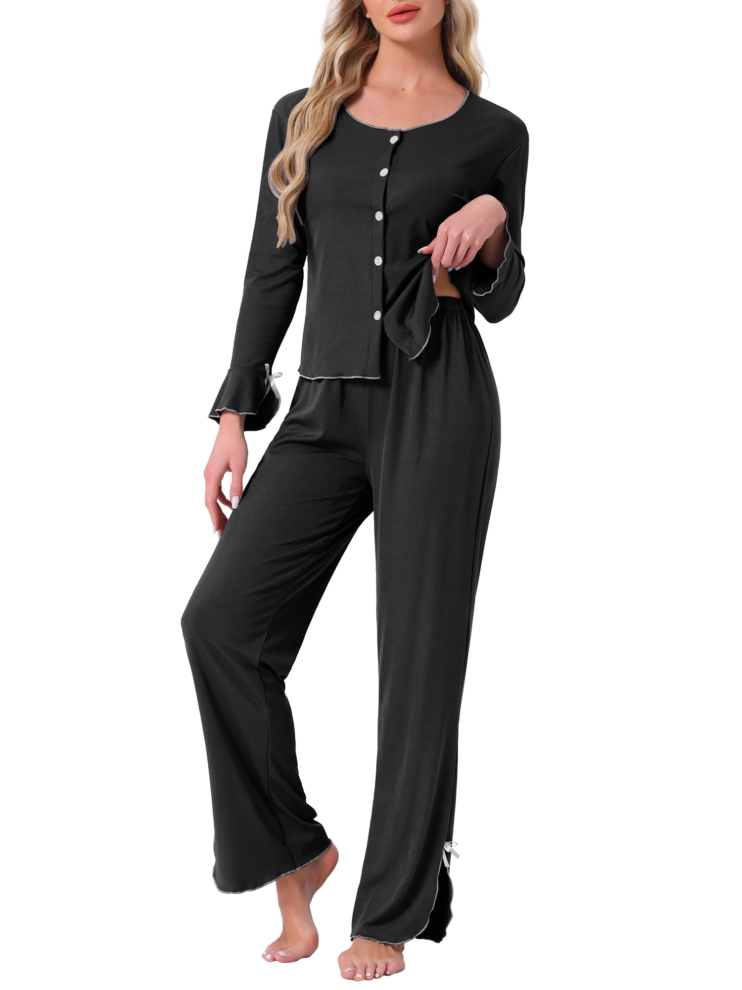 DARING DIVA Long Sleeve Side Bow Button Down Ruffle Hem Pajama Set M Black