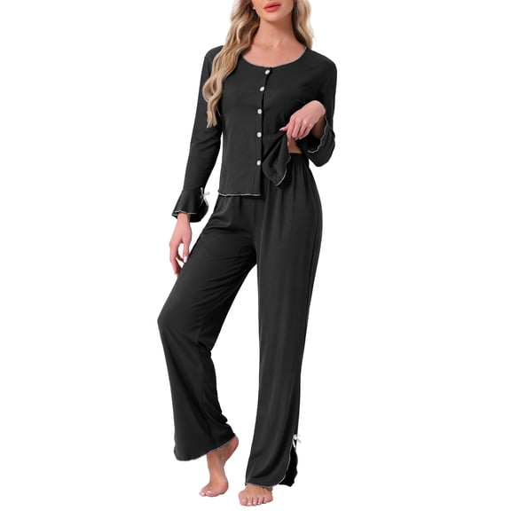 DARING DIVA Long Sleeve Side Bow Button Down Ruffle Hem Pajama Set S Black