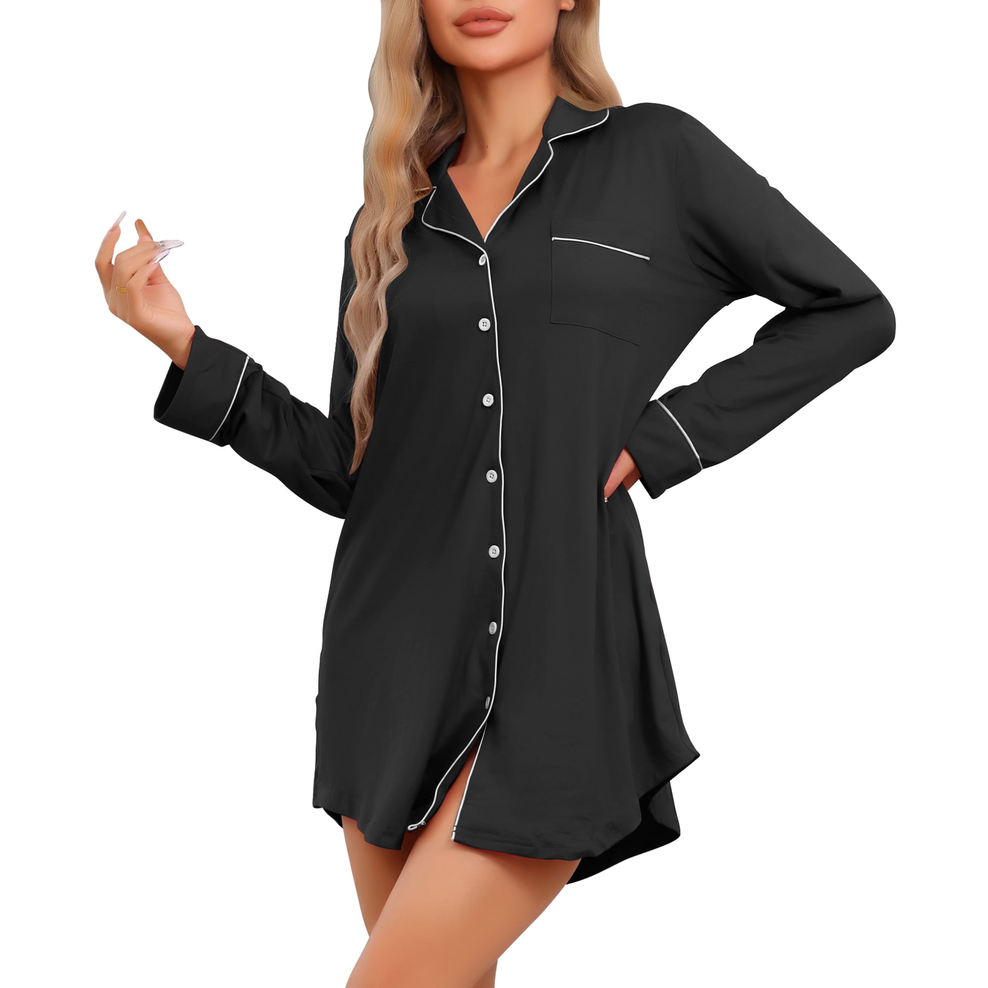 DARING DIVA Women's Long Sleeve Button Down Notch Collar Sleepwear XS Black