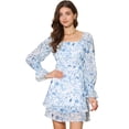 thumbnail image 1 of DARING DIVA Long Sleeve Square Neck Floral Print Layered A Line Dress L Blue, 1 of 6