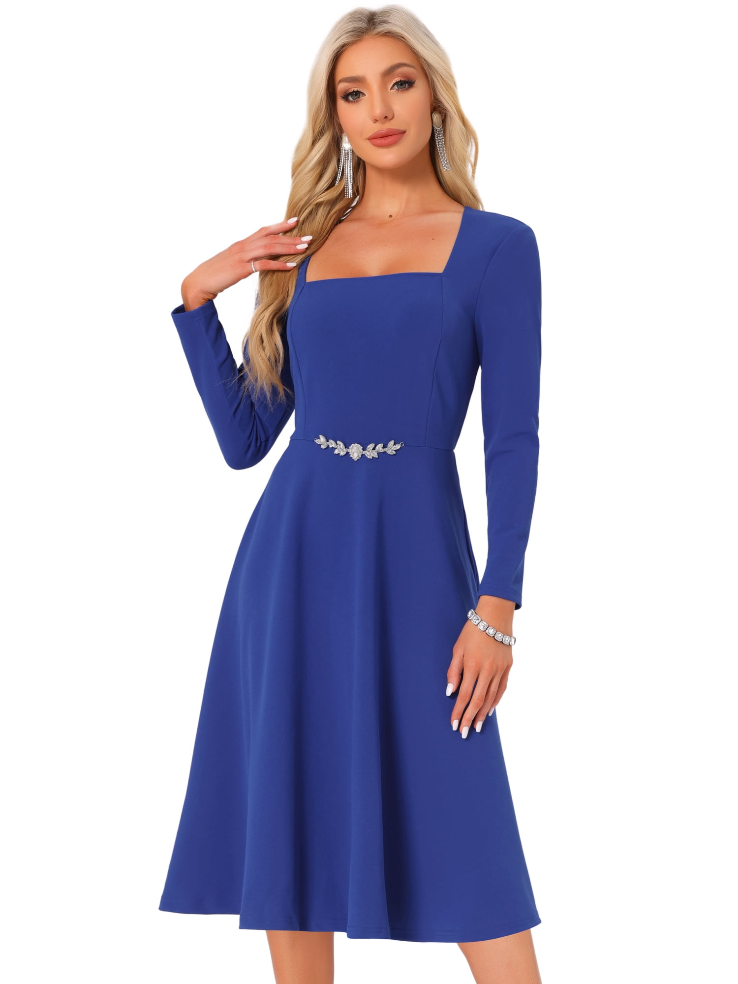 DARING DIVA Long Sleeve Square Neck High Waist Midi Dress L Royal Blue