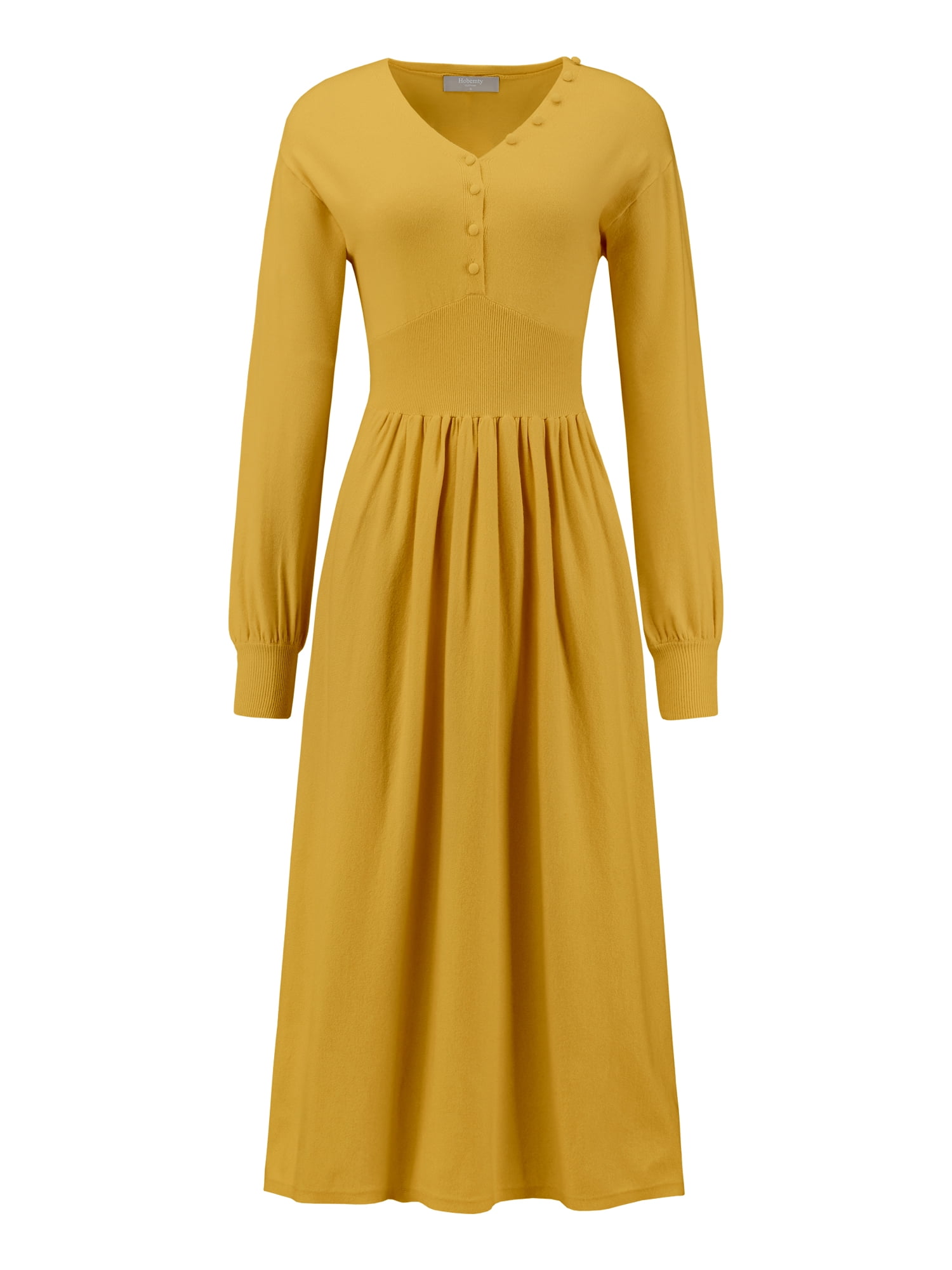 DARING DIVA Long Sleeve Sweater Ribbed Knit Midi A-Line Dress L Dark Yellow