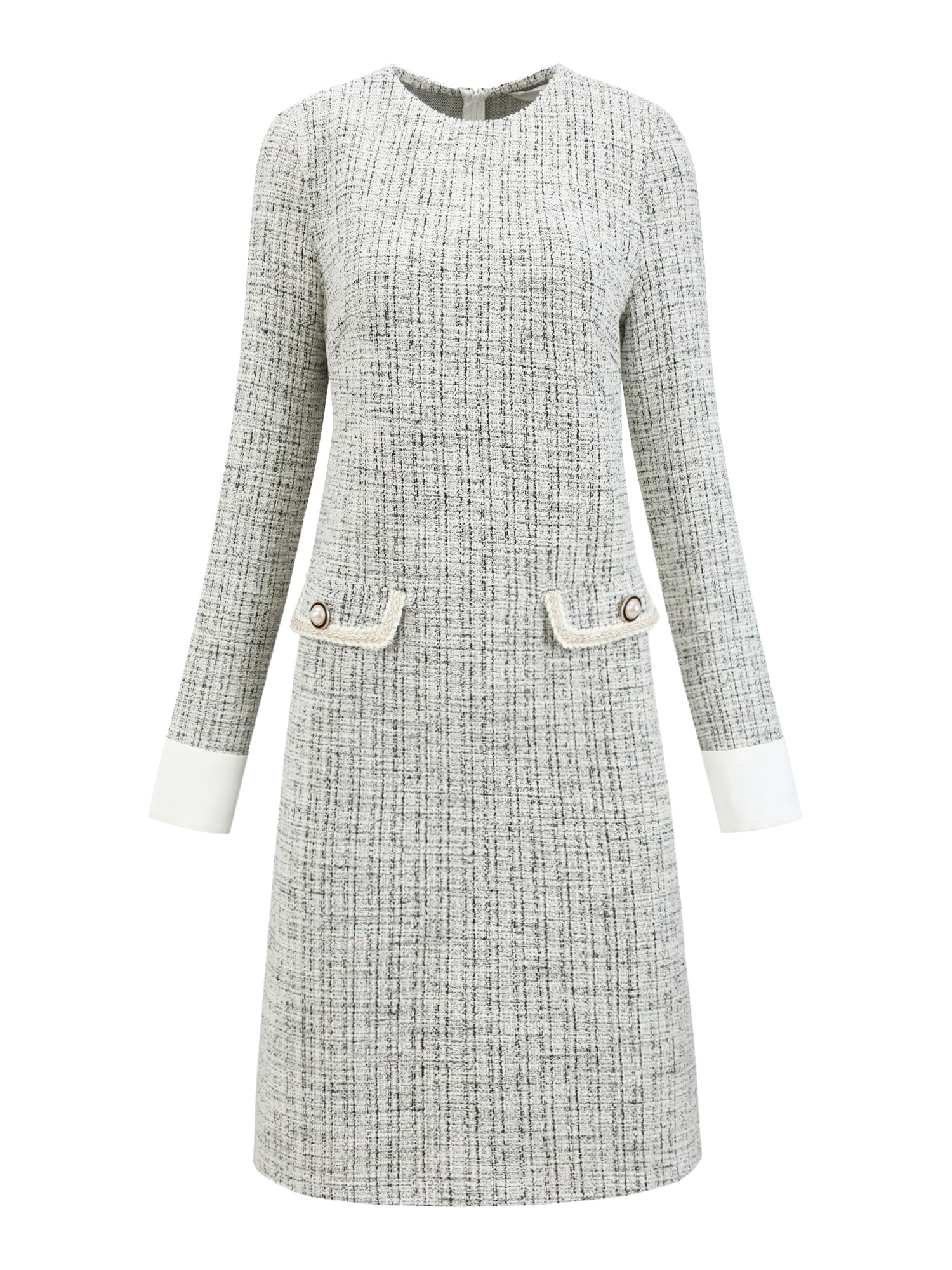 DARING DIVA Women's Tweed Formal Work Long Sleeve Sheath Dress L White Black