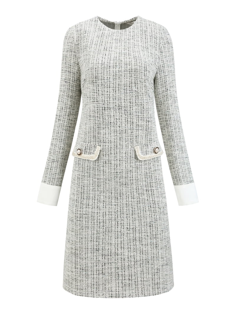 formal tweed dress Daring Diva Women's Work Long Sleeve Sheath M White Black, Size: Medium, Multicolor pearl and crystal hair comb