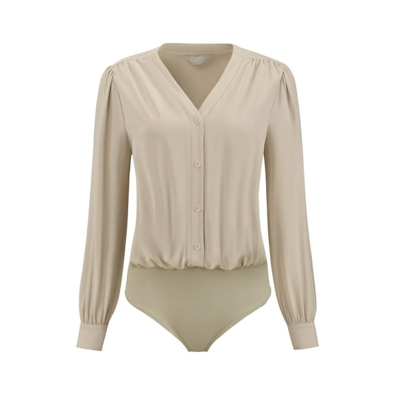 DARING DIVA Long Sleeve V Neck Classic Business Work Shirt Top M Beige