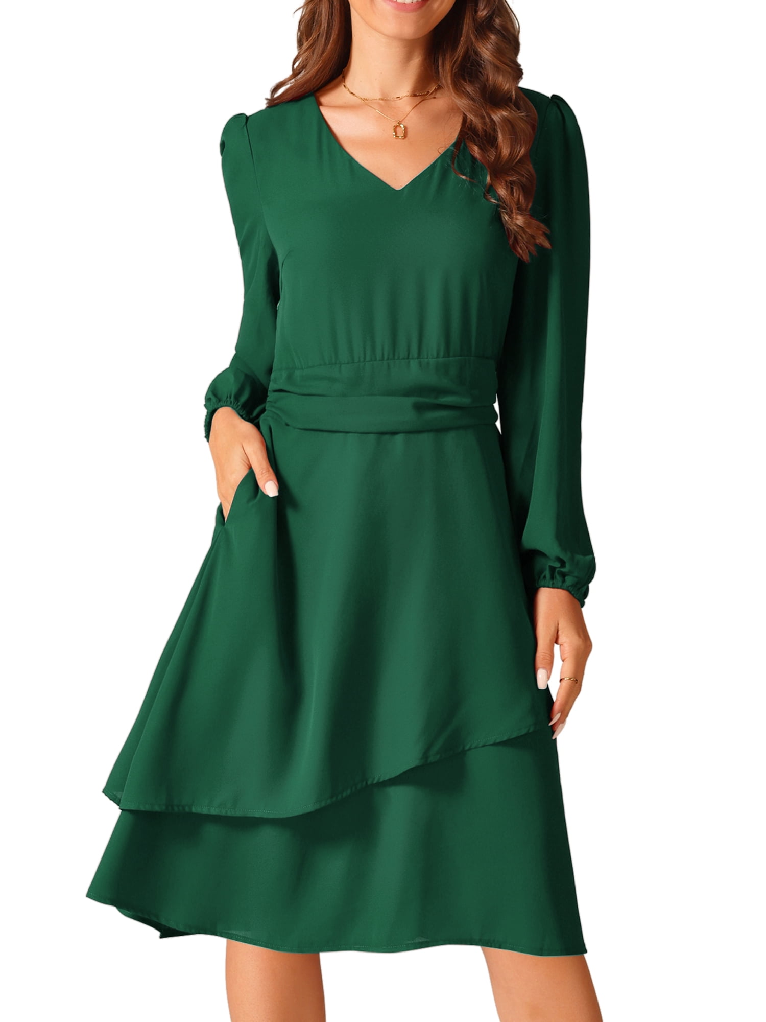 DARING DIVA Long Sleeve V Neck Dress High Waist Layered Dress M Dark Green