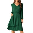 thumbnail image 1 of DARING DIVA Long Sleeve V Neck Dress High Waist Layered Dress M Dark Green, 1 of 6
