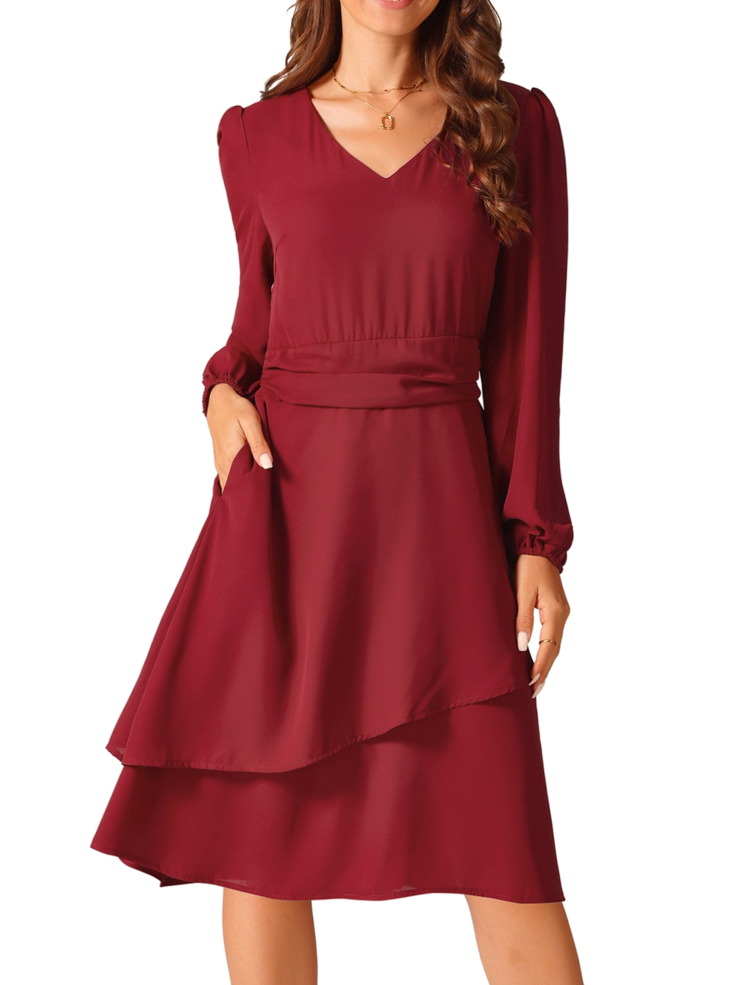 DARING DIVA Long Sleeve V Neck Dress High Waist Layered Dress S Wine Red